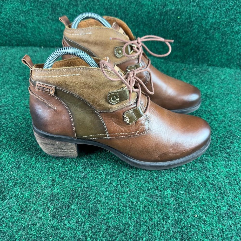 Pikolinos Le Mans Ankle Boot Brown Leather Lace Up Stacked Heel Womens 37 US 6.5